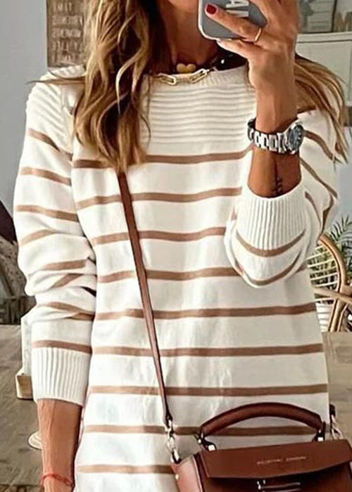 Boho Striped O Neck Cozy Knit Mid Dress Fall