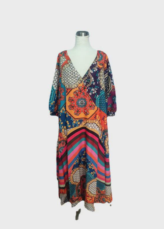 Boho V Neck Print Wrinkled Cotton Long Dress Spring