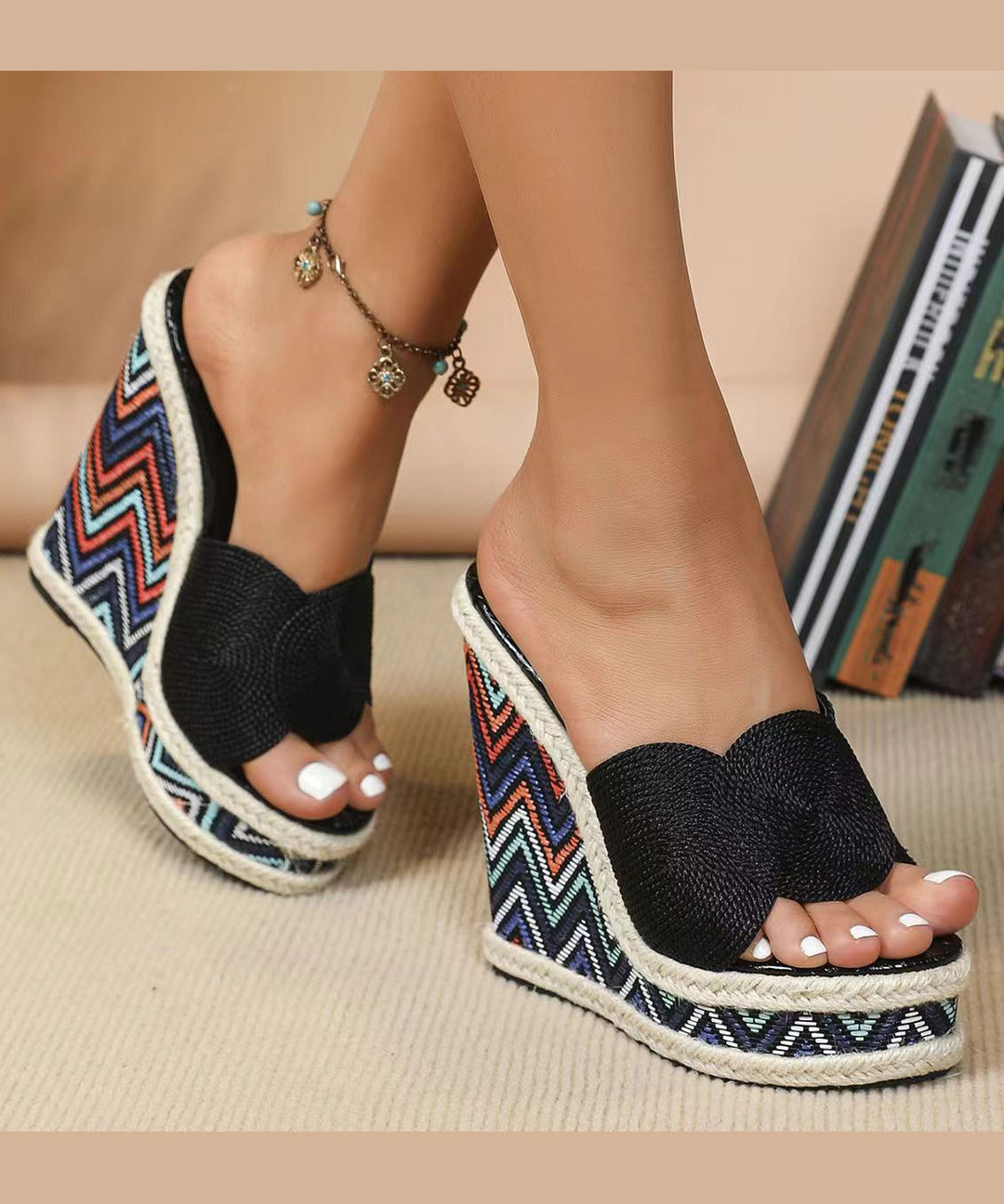 Boho Wedge Heels Champagne Slide Sandals Peep Toe