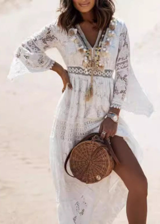 Boho White Tasseled Hollow Out Lace Dresses Summer