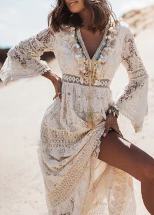 Boho White Tasseled Hollow Out Lace Dresses Summer