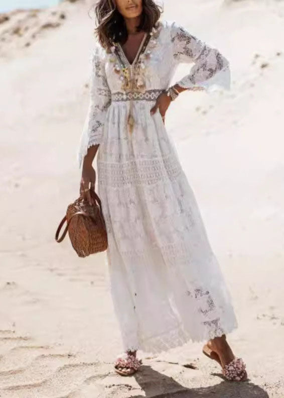 Boho White Tasseled Hollow Out Lace Dresses Summer