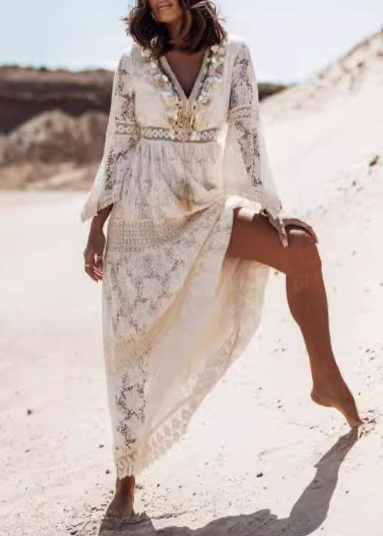 Boho White Tasseled Hollow Out Lace Dresses Summer