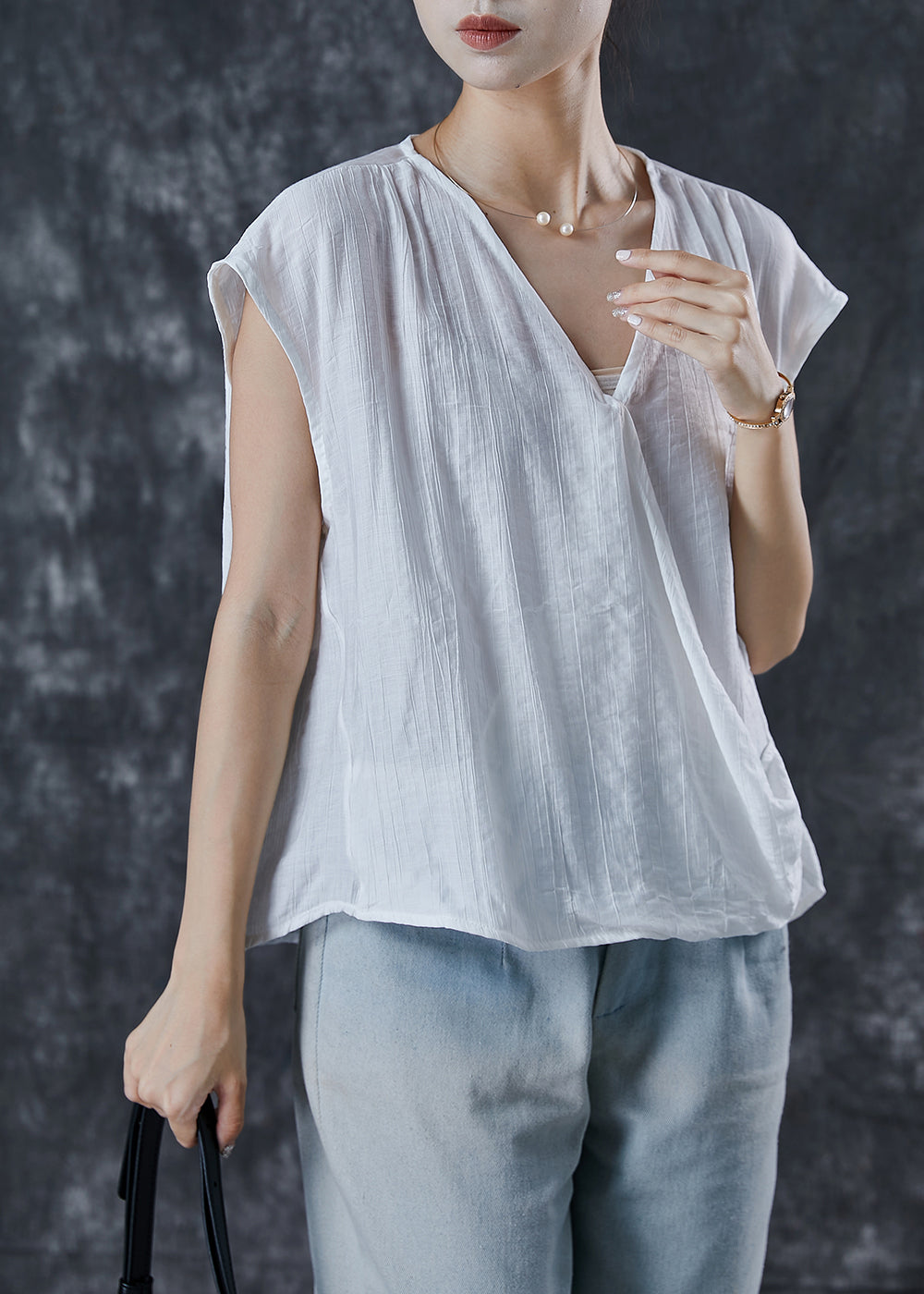 Boho White V Neck Wrinkled Linen Tops Summer