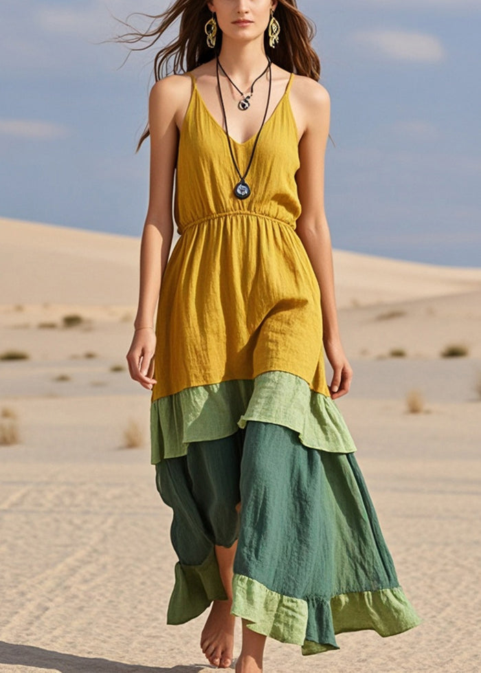 Boho Yellow Patchwork Cotton Cami Dresses Summer