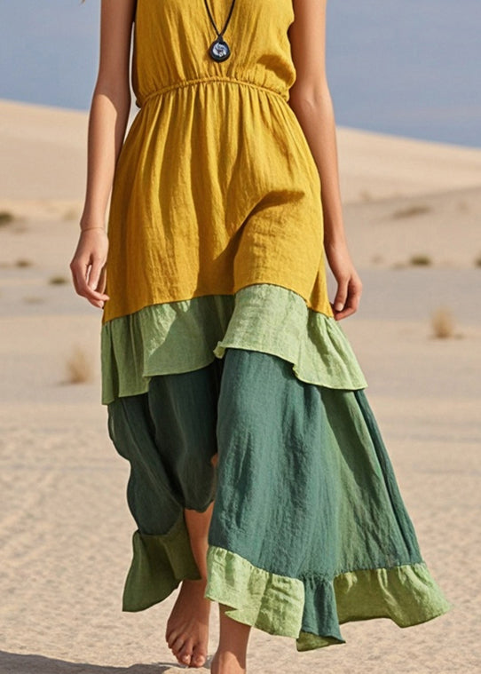 Boho Yellow Patchwork Cotton Cami Dresses Summer