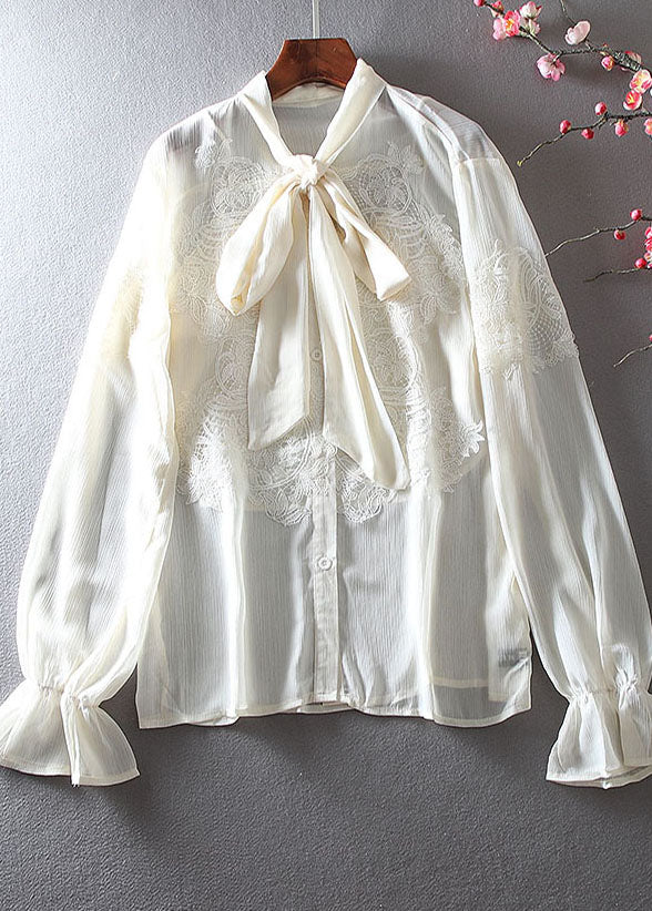 Boutique Apricot Bow Embroidered Chiffon Shirt Spring