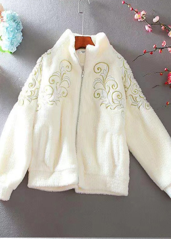 Boutique Apricot Embroidered Faux Fur Jackets Winter