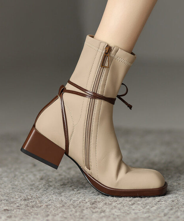 Boutique Apricot Zippered Lace Up Splicing Chunky Boots