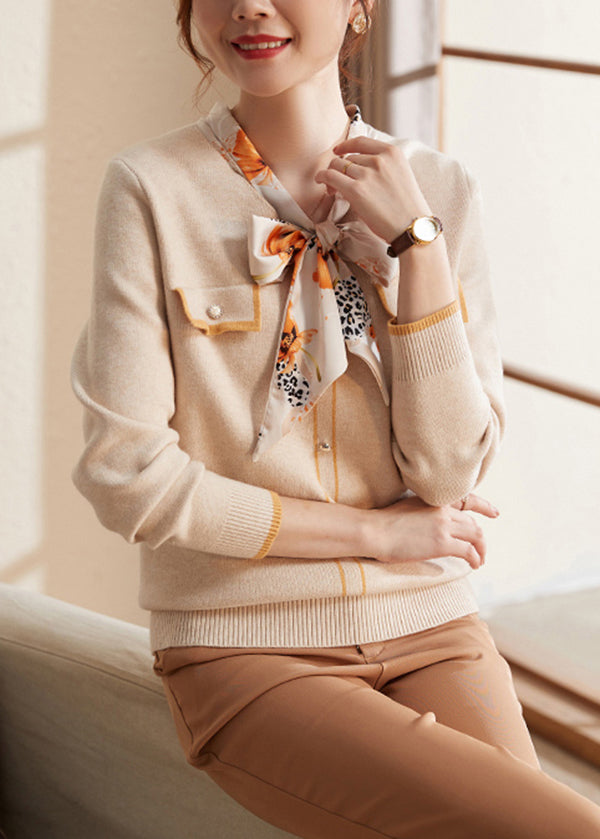 Boutique Beige Bow Patchwork Knit Sweaters Spring