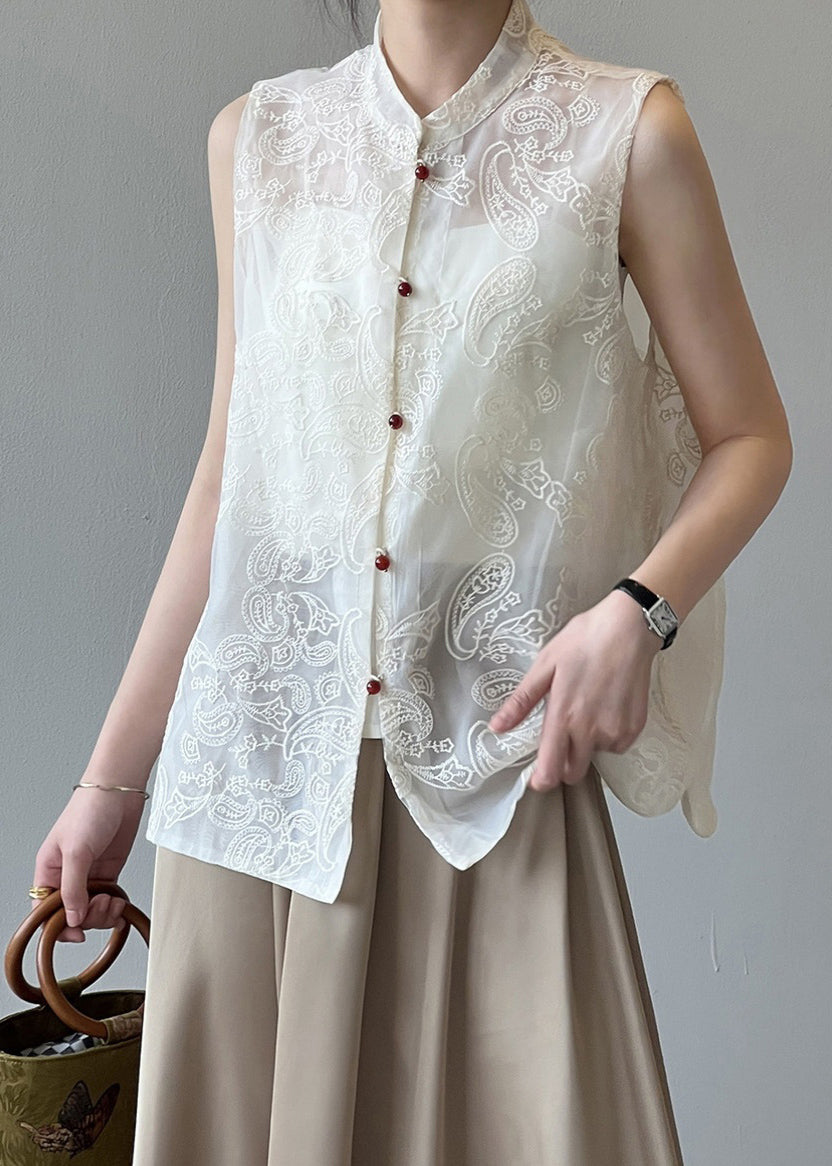 Boutique Beige Stand Collar Embroidered Tulle Waistcoat Summer