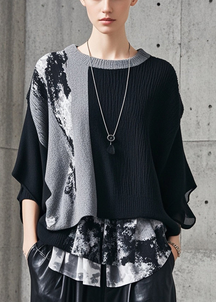 Boutique Black Asymmetrical Patchwork Knit Pullover Fall