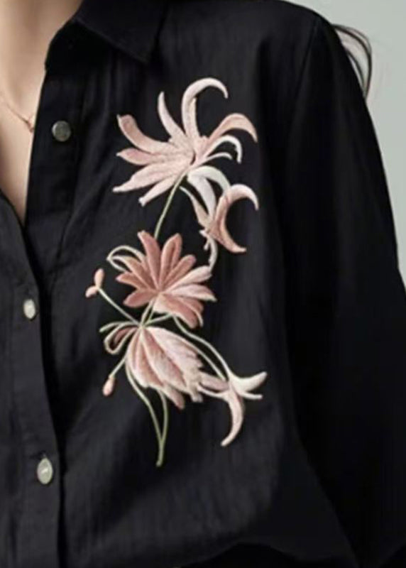 Boutique Black Embroidered Floral Button Shirts Spring