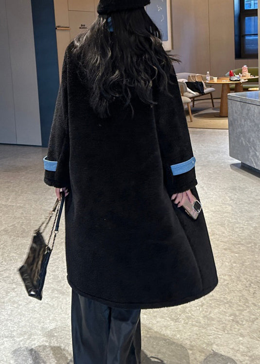 Boutique Black Pockets Denim Patchwork Faux Fur Coat Outwear Spring