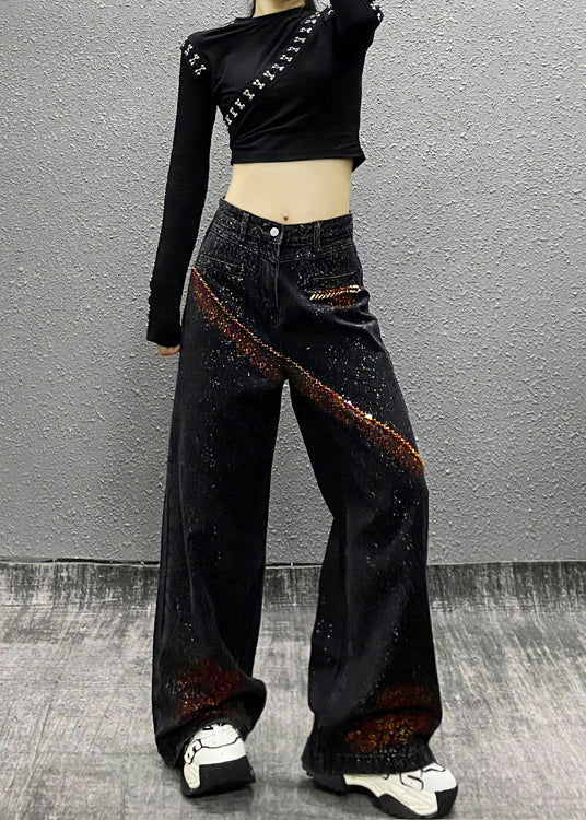 Boutique Black Pockets Nail Bead Denim Wide Leg Pants Fall