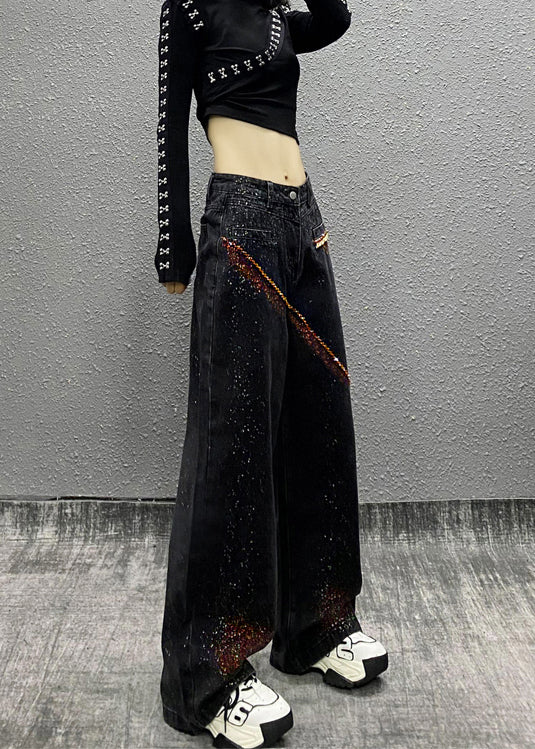 Boutique Black Pockets Nail Bead Denim Wide Leg Pants Fall