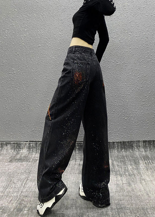 Boutique Black Pockets Nail Bead Denim Wide Leg Pants Fall