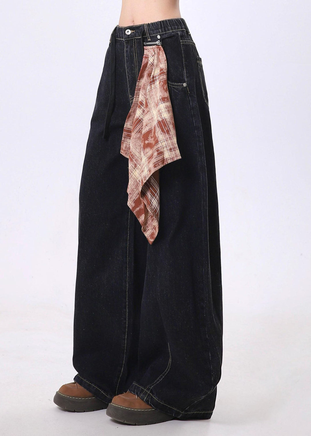 Boutique Black Pockets Scarf Patchwork Denim Wide Leg Pants Spring