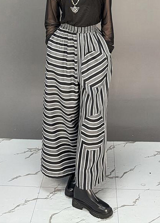 Boutique Black Pockets Striped Cotton Wide Leg Pants Fall