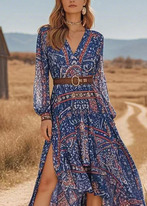 Boutique Blue Asymmetrical Side Open Vacation Chiffon Maxi Dresses Spring