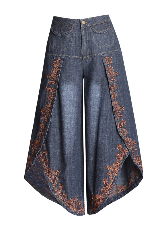 Boutique Blue Embroidered Pockets Cotton Crop Pants Skirt Summer