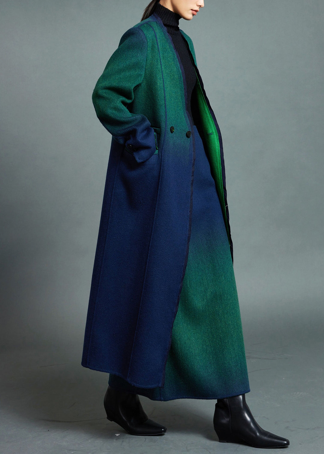 Boutique Blue Green Gradient V Neck Button Woolen Coats Winter