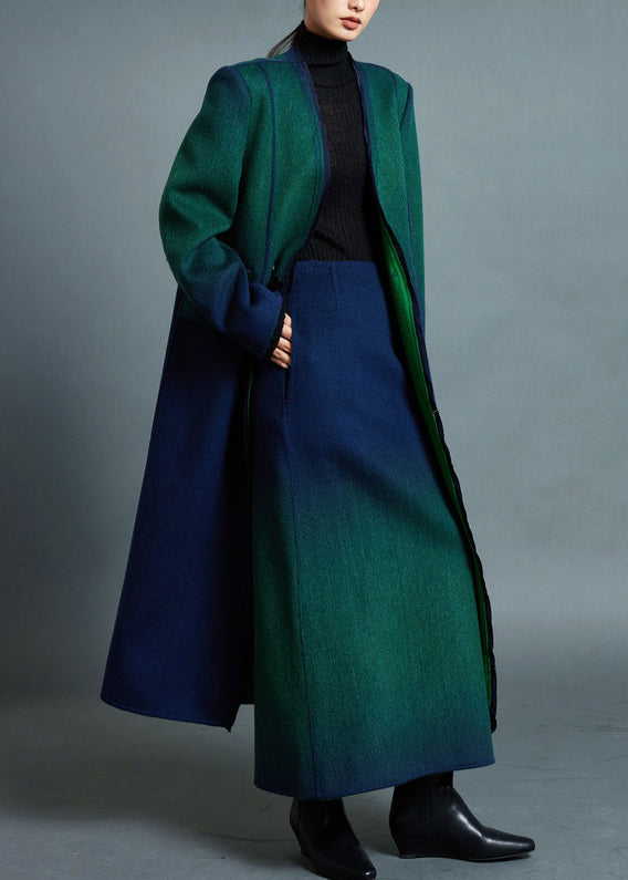 Boutique Blue Green Gradient V Neck Button Woolen Coats Winter