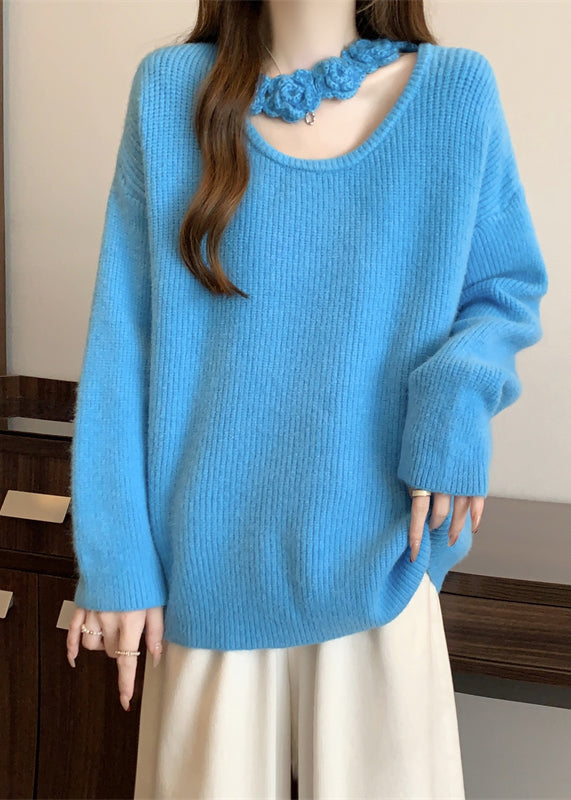 Boutique Blue Hollow Out Floral Knit Sweater Winter