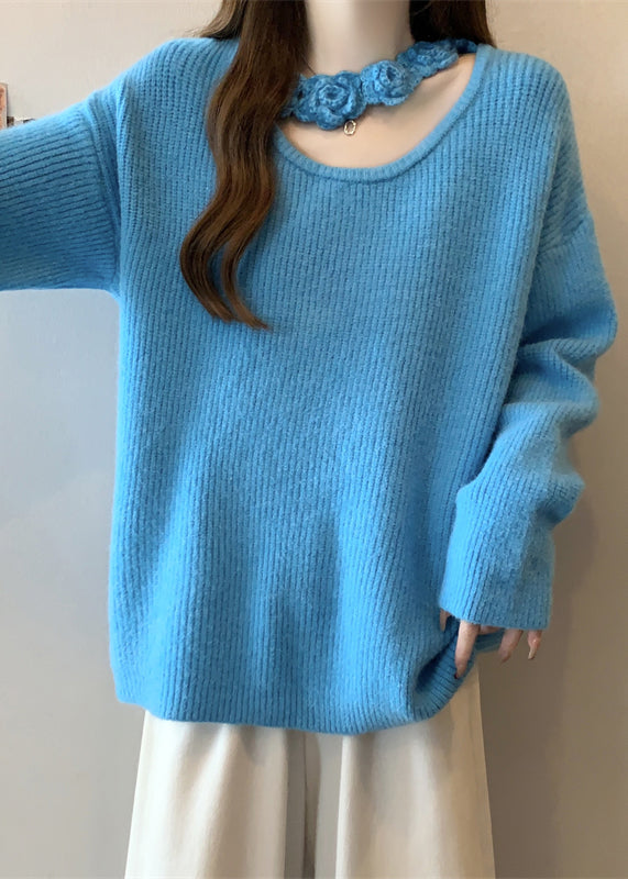 Boutique Blue Hollow Out Floral Knit Sweater Winter