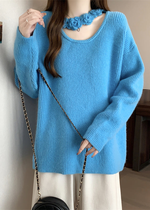 Boutique Blue Hollow Out Floral Knit Sweater Winter