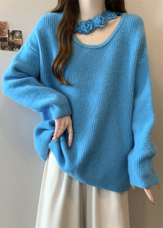 Boutique Blue Hollow Out Floral Knit Sweater Winter