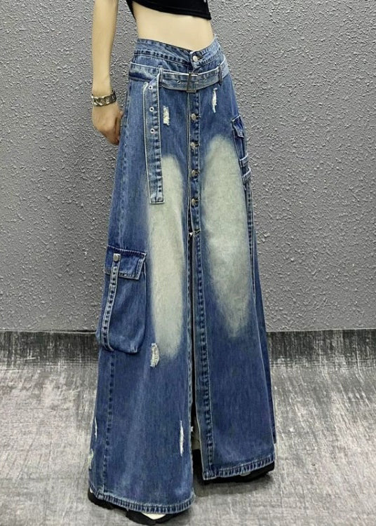 Boutique Blue Pockets Patchwork Front Open Denim Skirt Fall