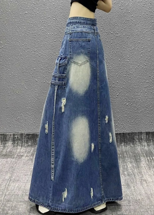 Boutique Blue Pockets Patchwork Front Open Denim Skirt Fall