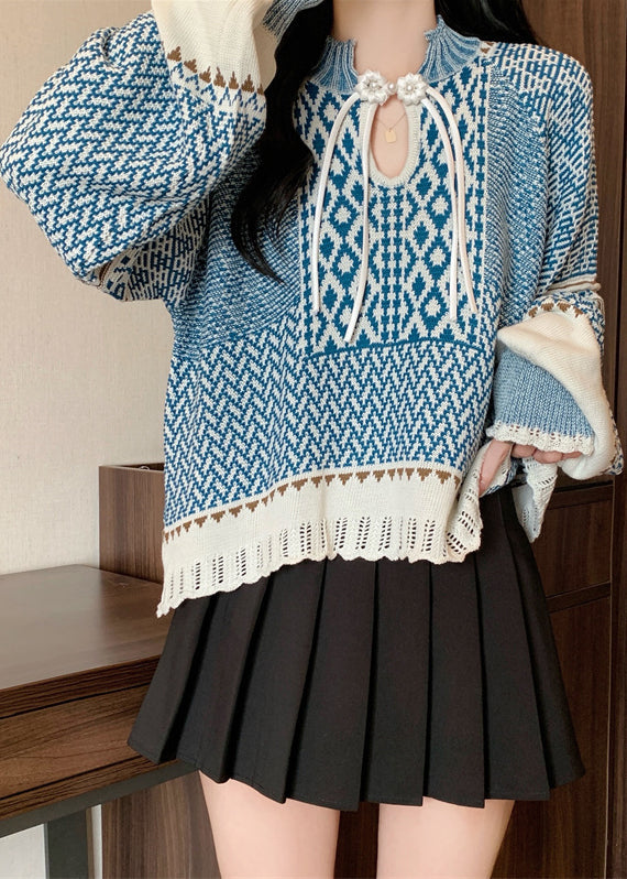 Boutique Blue Tasseled Jacquard Knit Short Sweater Winter