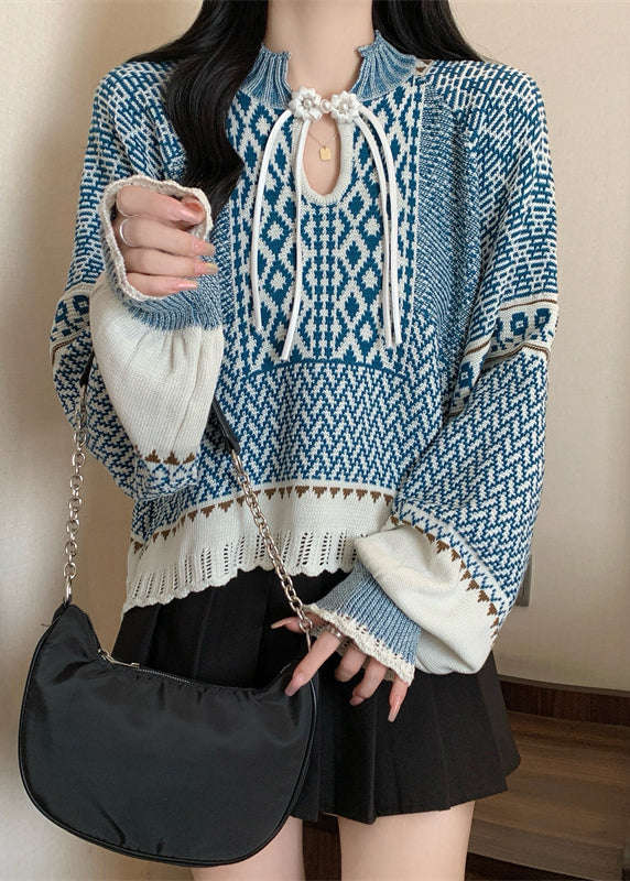 Boutique Blue Tasseled Jacquard Knit Short Sweater Winter