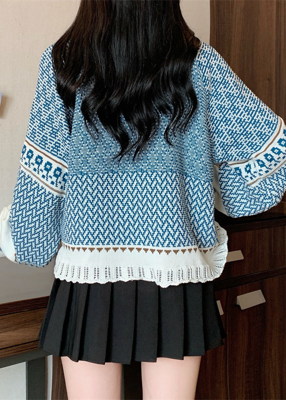 Boutique Blue Tasseled Jacquard Knit Short Sweater Winter