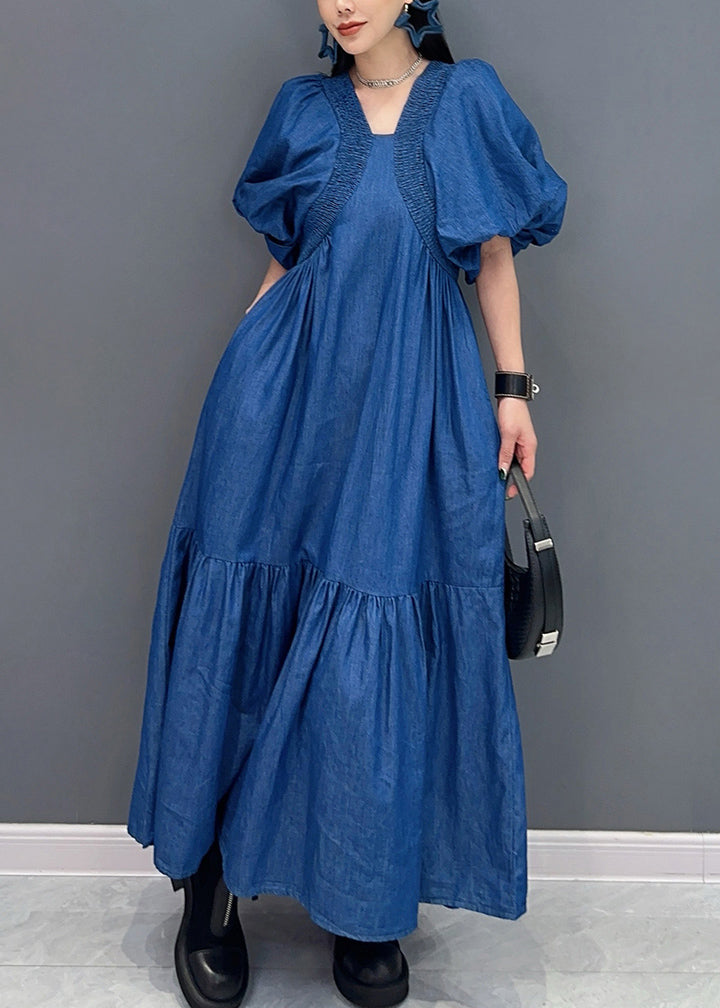 Boutique Blue V Neck Puff Sleeve Patchwork Denim Long Dress