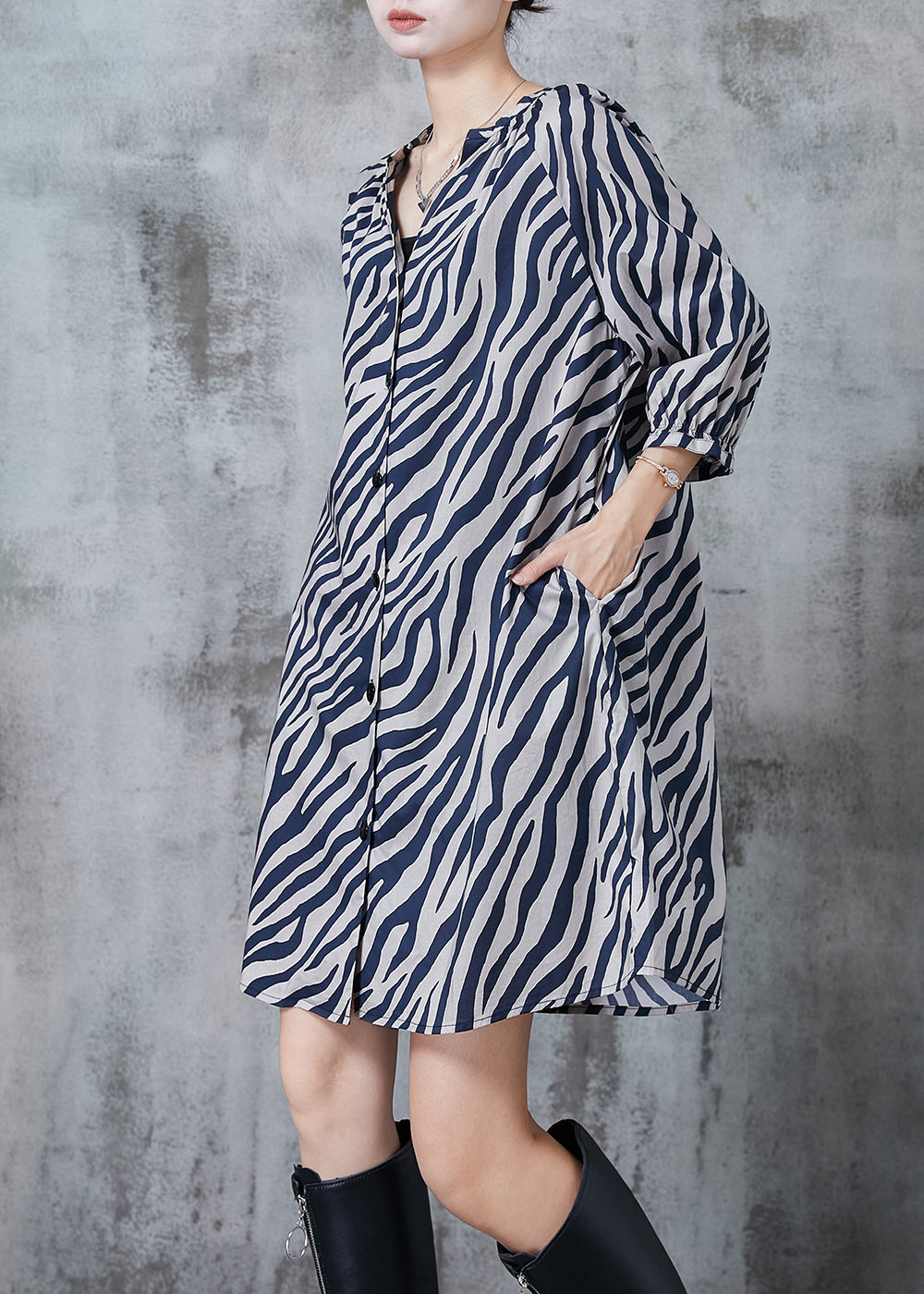 Boutique Blue V Neck Striped Chiffon Work Dress Summer