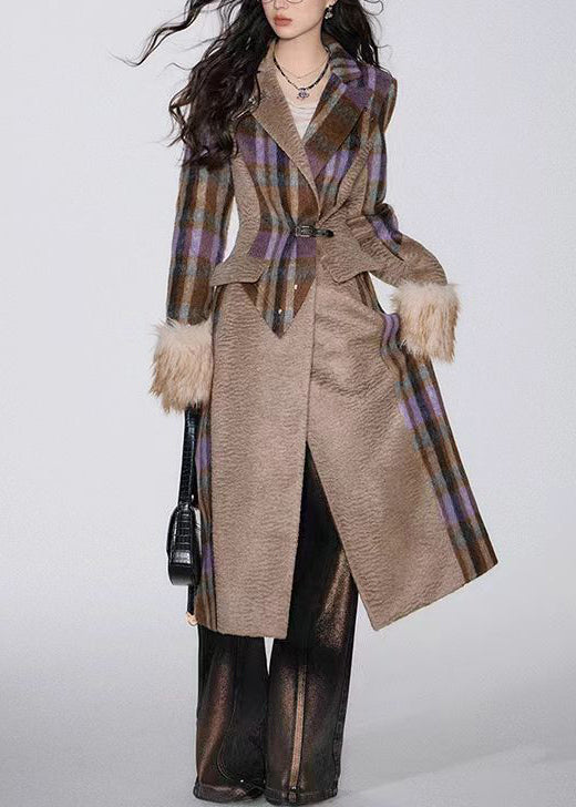 Boutique Brown Plaid Notched Patchwork Woolen Trench Winter