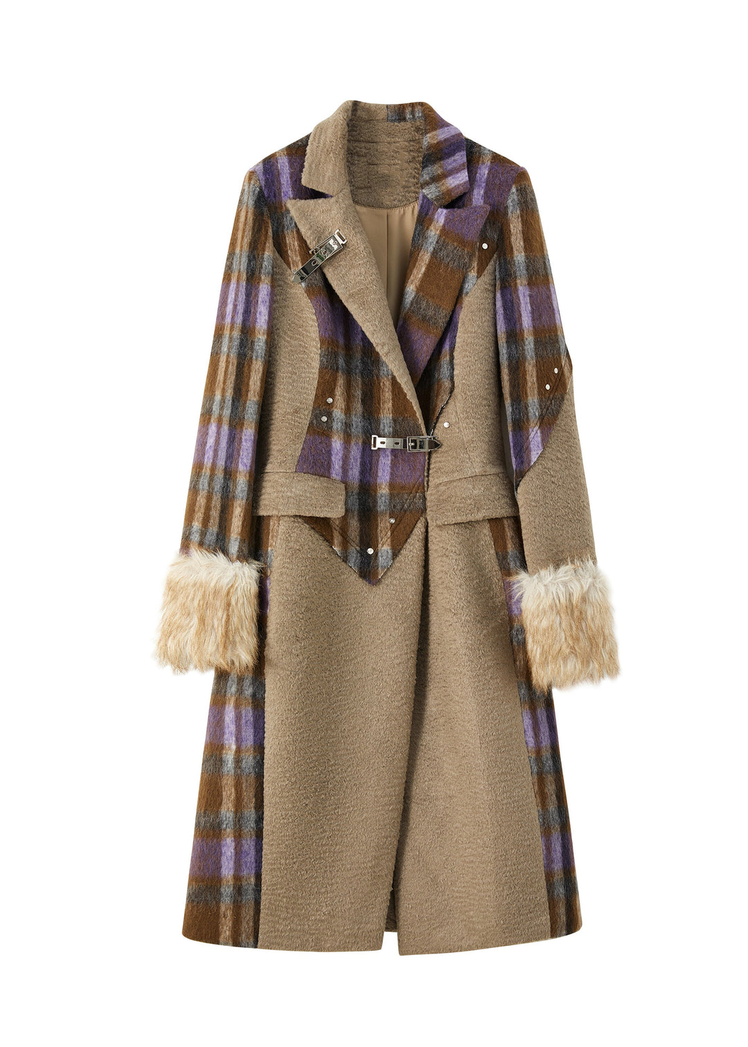 Boutique Brown Plaid Notched Patchwork Woolen Trench Winter