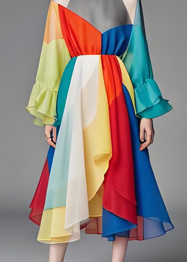 Boutique Colorblock O Neck Patchwork Chiffon Dress Long Sleeve