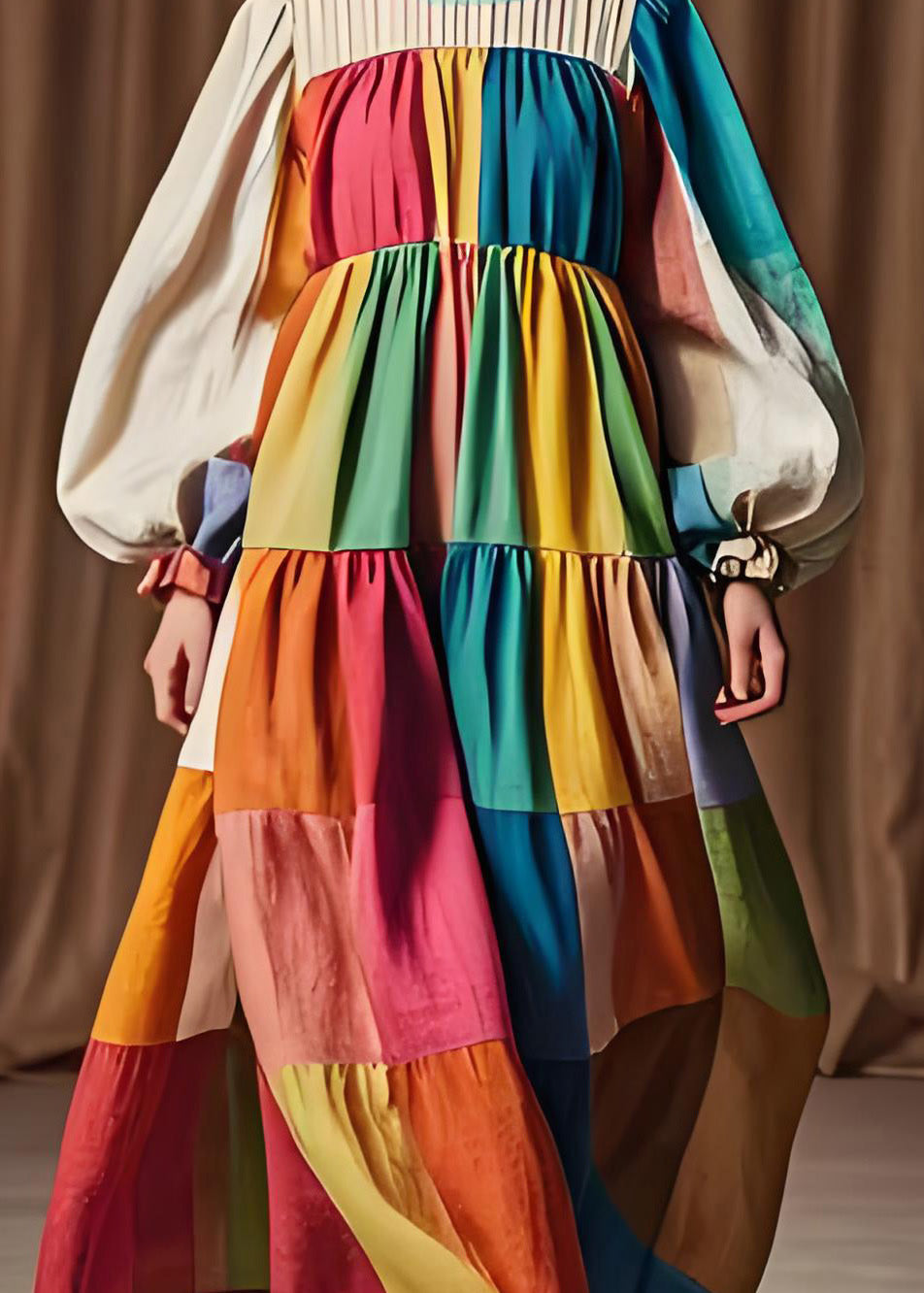 Boutique Colorblock O Neck Patchwork Cotton Dresses Lantern Sleeve