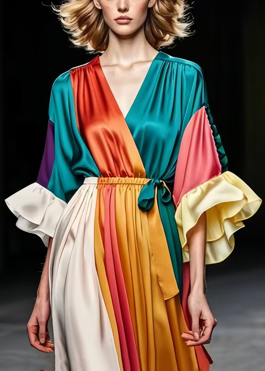 Boutique Colorblock V Neck Patchwork Silk Pleated Dress Summer