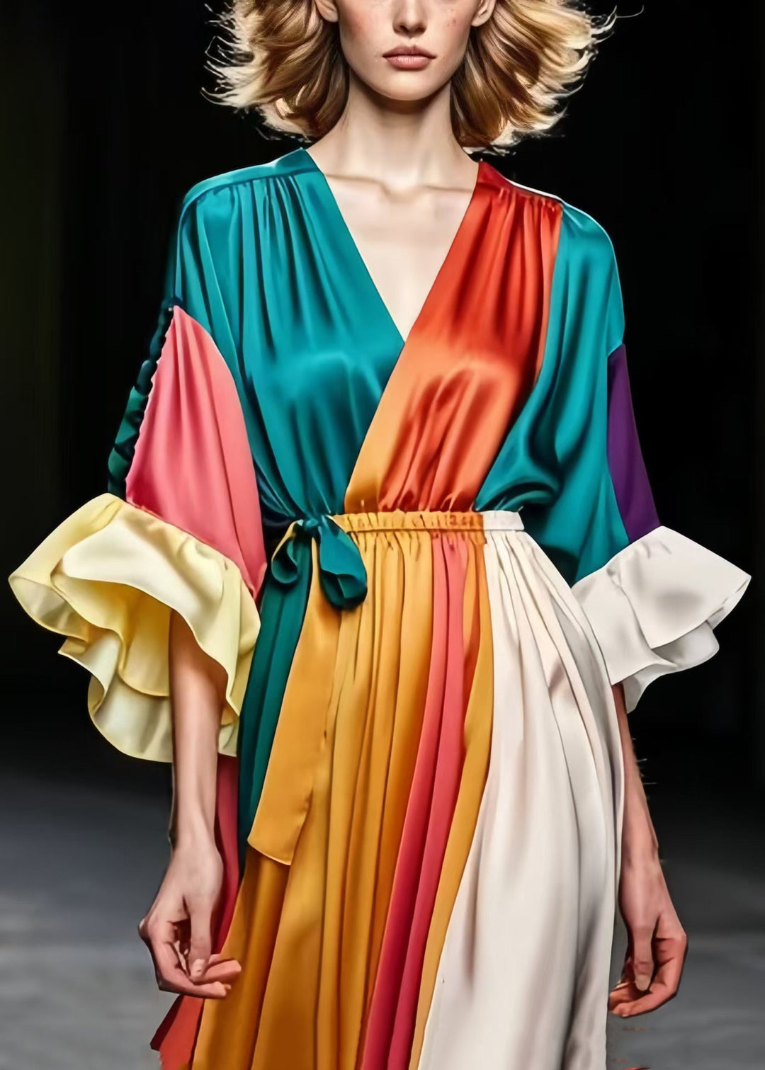 Boutique Colorblock V Neck Patchwork Silk Pleated Dress Summer