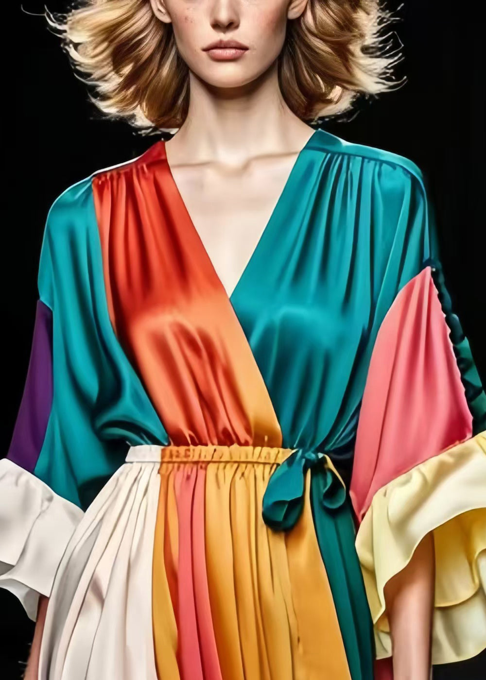 Boutique Colorblock V Neck Patchwork Silk Pleated Dress Summer