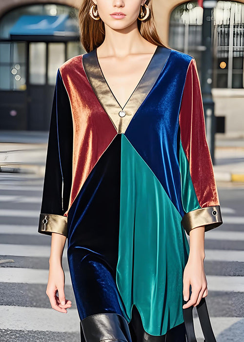 Boutique Colorblock V Neck Patchwork Velvet Dresses Fall