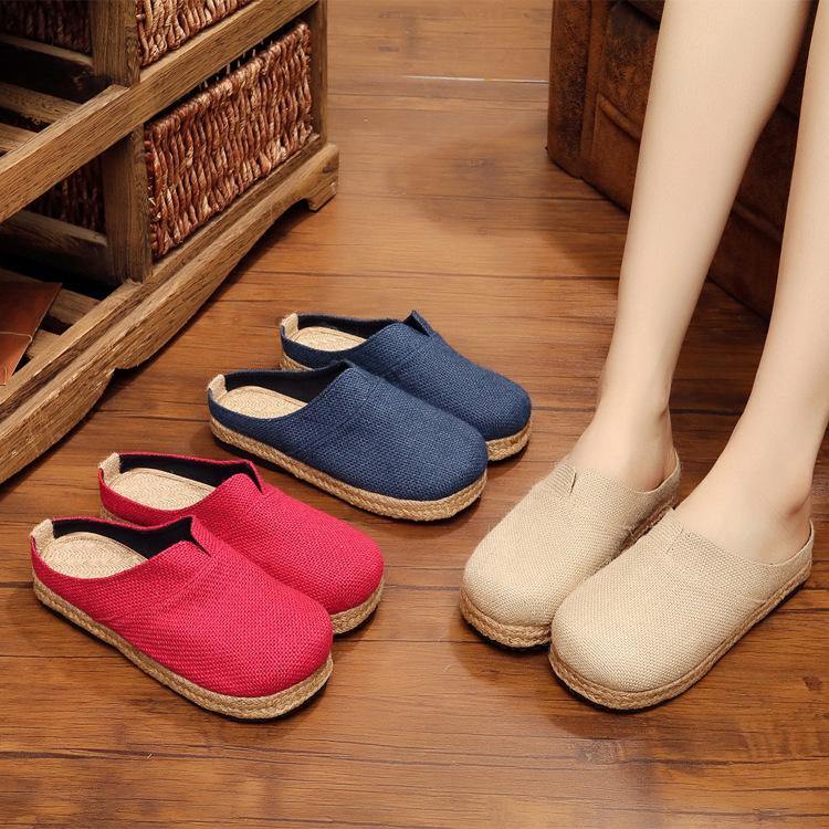 Boutique Flat Shoes For Women Red Cotton Linen Fabric Slippers Shoes