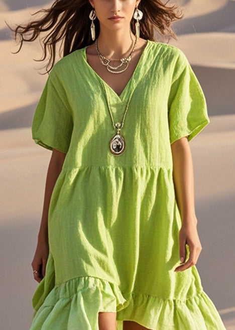 Boutique Fluorescent Green Asymmetrical Cotton Holiday Dress Summer