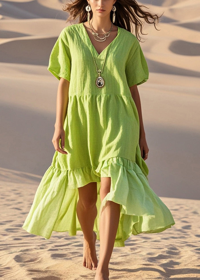 Boutique Fluorescent Green Asymmetrical Cotton Holiday Dress Summer