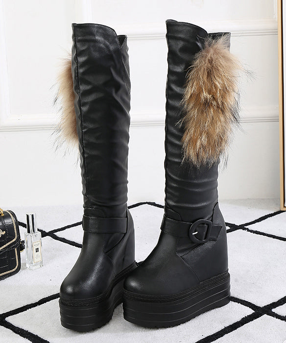 Boutique Fox Fur Splicing Platform Boots Black Faux Leather